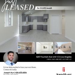 Joseph Aun - Realtor - Just leased 
$2,600 | 2 bed, 1 bath | 880 sqft
5257 Fountain Ave #1/2, Los Angeles