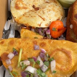 Sampler CHICKEN QUESADILLA, shrimp birria taco and chicken birria taco Sampler CHICKEN QUESADILLA, shrimp birria taco and chicken birria taco