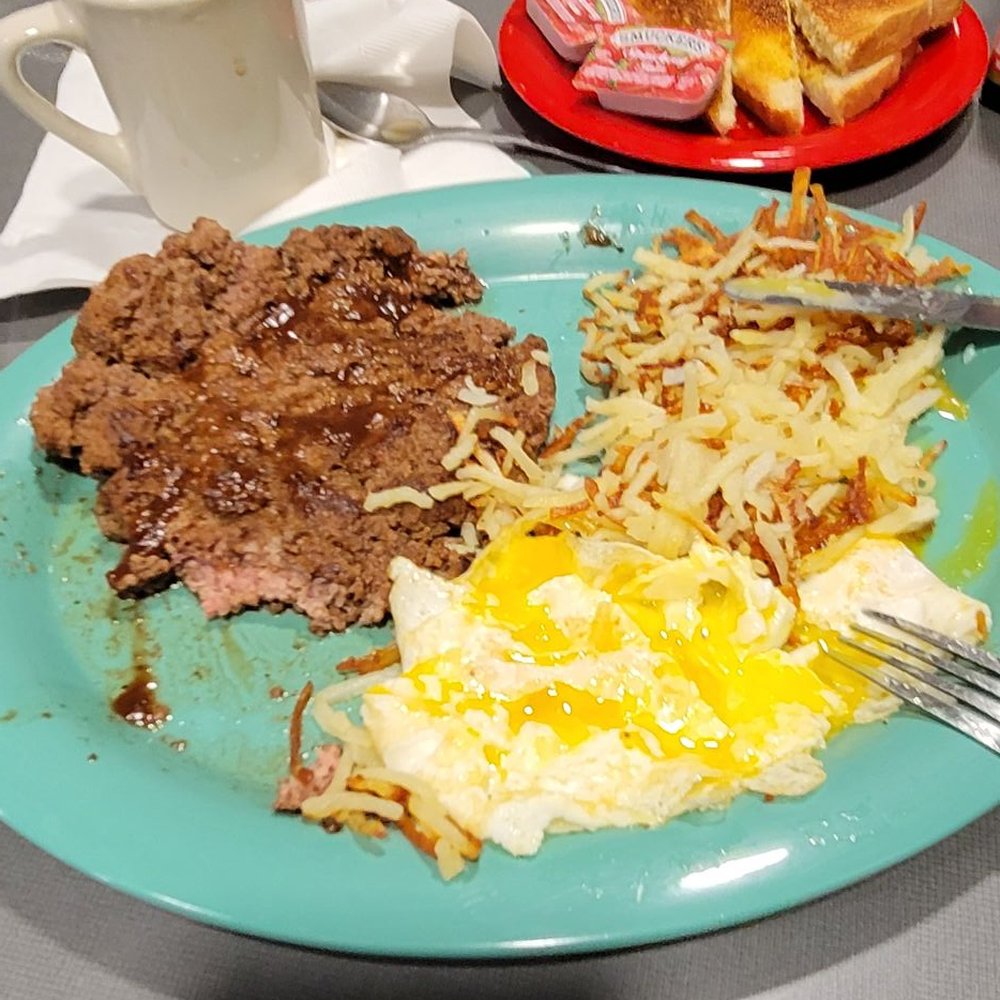 Apple Barrel Restaurant - Back for another big old hamburger steak for breakfast eggs over medium hash browns white toast coffee. 3/12/23 going to be PB&J later LOL - Breakfast & Brunch Near Me - Harrisonville, Missouri Apple Barrel Restaurant - Back for another big old hamburger steak for breakfast eggs over medium hash browns white toast coffee. 3/12/23 going to be PB&J later LOL - Breakfast & Brunch Near Me - Harrisonville, Missouri