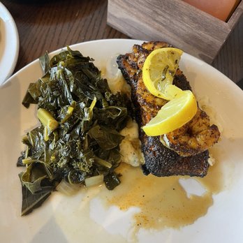 Brunch & Sip - Blackened Salmon and Shrimp on top of mashed potatoes and side of collard greens. - Coffee & Tea Near Me - Phoenix, Arizona Brunch & Sip - Blackened Salmon and Shrimp on top of mashed potatoes and side of collard greens. - Coffee & Tea Near Me - Phoenix, Arizona