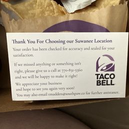 This card was in with the order. Great idea and a franchisee that actually cares.