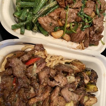 Blurr Kitchen - Garlic beef and pork with garlic noodles, green beans, and brussel sprouts - Asian Fusion Near Me - Santa Clara, California