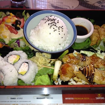 Hanami Sushi - 3 item Bento w/ Yakitori-Gyoza-California Roll comes with rice, beautiful side salad and miso soup. - Sushi Bars Near Me - Auburn, California Hanami Sushi - 3 item Bento w/ Yakitori-Gyoza-California Roll comes with rice, beautiful side salad and miso soup. - Sushi Bars Near Me - Auburn, California