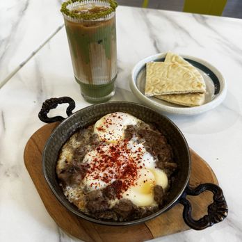 SUR Cafe Mediterranean - Kavurma and eggs , Iced Pistachio Latte - Mediterranean Near Me - San Francisco, California SUR Cafe Mediterranean - Kavurma and eggs , Iced Pistachio Latte - Mediterranean Near Me - San Francisco, California