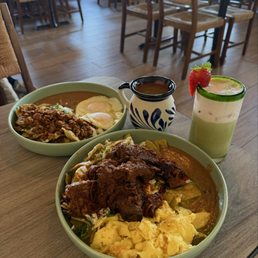 Chilaquiles with chorizo and chilaquiles with birria. Strawberry matcha and cafe de oya.