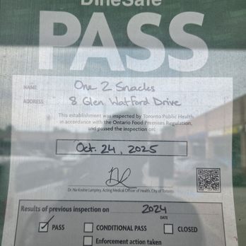 One2 Snacks - Inspection certificate - Malaysian Near Me - Scarborough, Ontario
