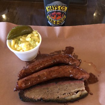 Hays Co. Bar-B-Que and Catering - Slap Yo Momma Good - Brisket, sausage, green hatch chili mac n cheese (not pictured) served the wrong one but swapped it out - Barbeque Near Me - Kyle, Texas Hays Co. Bar-B-Que and Catering - Slap Yo Momma Good - Brisket, sausage, green hatch chili mac n cheese (not pictured) served the wrong one but swapped it out - Barbeque Near Me - Kyle, Texas
