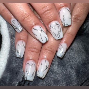 MJ Nails Spa - Gel X white with silver design - Nail Salons Near Me - Henderson, Nevada MJ Nails Spa - Gel X white with silver design - Nail Salons Near Me - Henderson, Nevada