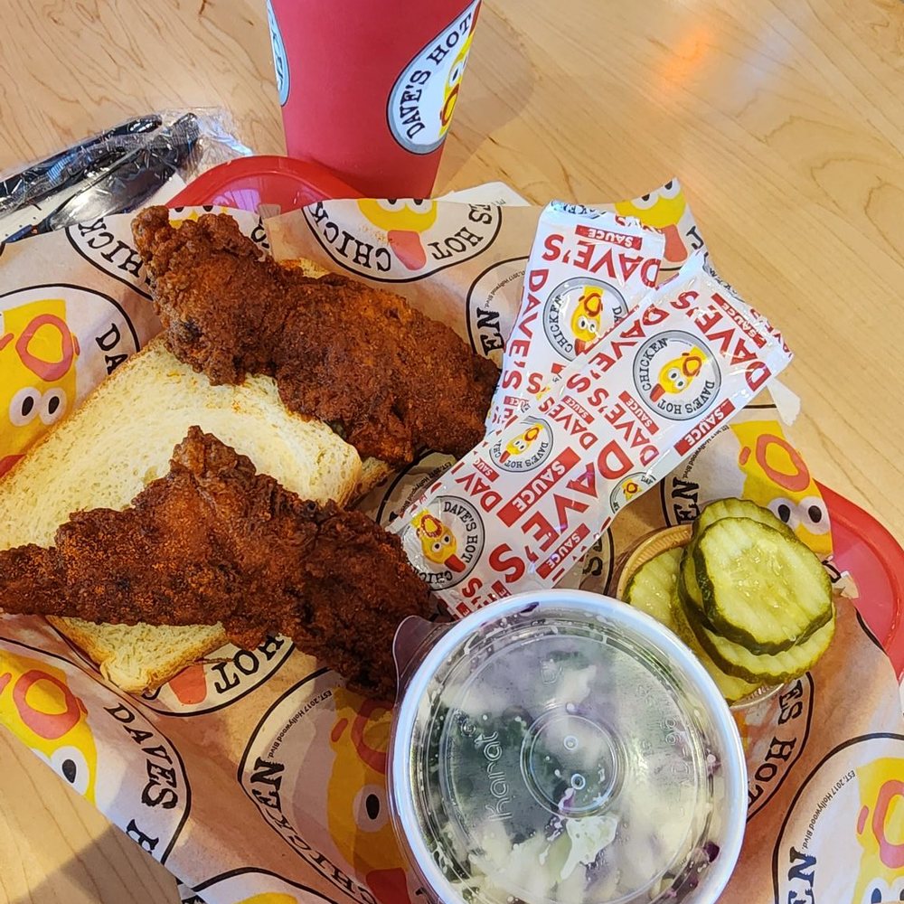 Dave's Hot Chicken - tenders and a side with pickles - Chicken Shop Near Me - Boynton Beach, Florida
