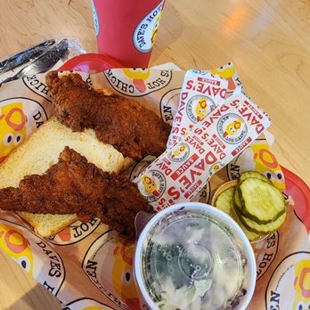 Dave's Hot Chicken - tenders and a side with pickles - Chicken Shop Near Me - Boynton Beach, Florida Dave's Hot Chicken - tenders and a side with pickles - Chicken Shop Near Me - Boynton Beach, Florida