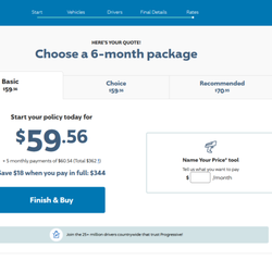 Progressive Insurance - A screenshot from Progressive's auto insurance quote tool, showing a premium of $344 for 6 months if paid upfront.