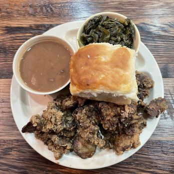 Doug's Place - Fried chicken livers, collard greens, and pinto beans with a biscuit - Southern Near Me - Emerson, Georgia