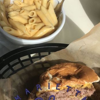 Boathouse BBQ - Double cheeseburger with Mac and cheese - New American Near Me - Marietta, Ohio