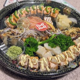 Bruce roll, Wortley roll, Torched press sushi BBQ eel, salmon sashimi, Scallop sushi Bruce roll, Wortley roll, Torched press sushi BBQ eel, salmon sashimi, Scallop sushi