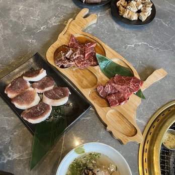 Ishoni Yakiniku - Beef combo (partial), Ochazuke, Duck breast, pork intestines, shiitake mushroom - Barbeque Near Me - Seattle, Washington Ishoni Yakiniku - Beef combo (partial), Ochazuke, Duck breast, pork intestines, shiitake mushroom - Barbeque Near Me - Seattle, Washington