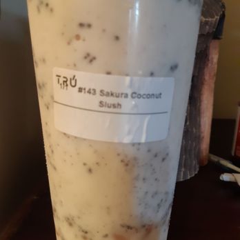 TRU TEA 初茶 - Sakura coconut slush. SOOOOOO DAMN GOOD, people! Sakura "boba" are pink. Very coconutty and refreshing. - Bubble Tea Near Me - Toronto, Ontario