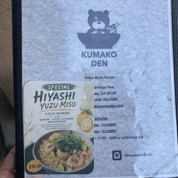 Kumako Ramen Den - Menu - Ramen Near Me - San Jose, California