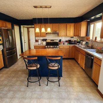 SBV Renovations - custom built 48" drawer bank island with butcher-block top, tiled backsplash, and accent painting on soffits, pantry wall and island - General Contractors Near Me SBV Renovations - custom built 48" drawer bank island with butcher-block top, tiled backsplash, and accent painting on soffits, pantry wall and island - General Contractors Near Me