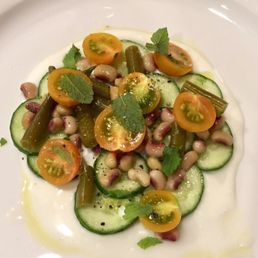 Cucumber Salad with field peas, dilly beans, cherry tomatoes, yogurt, mint (GF) Cucumber Salad with field peas, dilly beans, cherry tomatoes, yogurt, mint (GF)