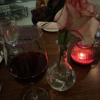 Copinette - Red wine; real rose on the table - French Near Me - New York, New York