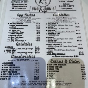 Uncle John’s Cafe - Uncle John's Big Breakfast menu! All were good choices. Great variety! - American Near Me - Los Angeles, California Uncle John’s Cafe - Uncle John's Big Breakfast menu! All were good choices. Great variety! - American Near Me - Los Angeles, California