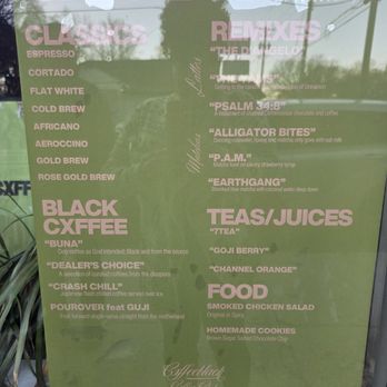 Cxffeeblack - Menu with classics, (the ones blocked by my reflection lol) such as Earthgang, The Yams, Psalm 34:8, The D'Angelo,  PAM, and Alligator Bites - Coffee Roasteries Near Me - Memphis, Tennessee