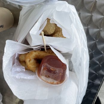 Seng Seng Cafe - Tiny paper bag with fried calamari $5 in it and the tiny bag is not even filled with food.  Can you see the sesame ball$5? - Shaved Ice Near Me - Houston, Texas