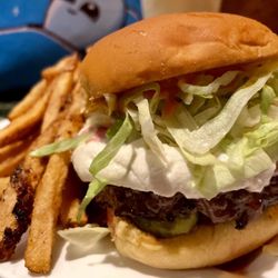 Gowanus Gardens - Burger on potato roll with goat cheese