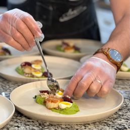 Sea Scallops - green pea purée, couscous, beets, quail egg Sea Scallops - green pea purée, couscous, beets, quail egg