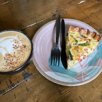Staycation - Toffee latte and a vegetable quiche. - Coffee & Tea Near Me - Richardson, Texas Staycation - Toffee latte and a vegetable quiche. - Coffee & Tea Near Me - Richardson, Texas