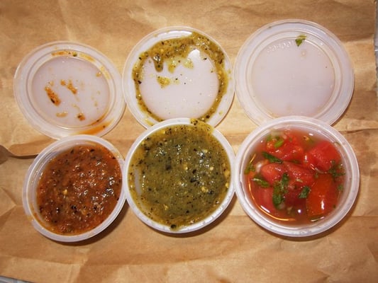 Photo of Taco Libre - San Francisco, CA, US. red and green salsas, and pico de gallo