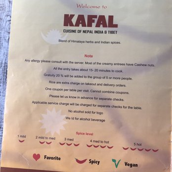 Kafal Restaurant - Clearly labeled vegan items and such - Himalayan/Nepalese Near Me - Santa Rosa, California