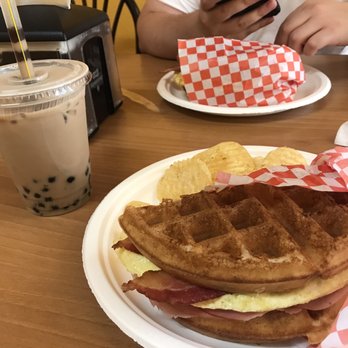 Waffles Cafe - Waffle breakfast sandwich with potato chips. Boba milk tea. - Coffee & Tea Near Me - Las Vegas, Nevada