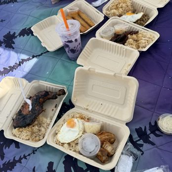 Kalye At Kusina - Clockwise: Chicken insal, ube drink, lumpia, pork sisig, pork belly insal, and crispy pork belly. - Food Trucks Near Me - Destin, Florida Kalye At Kusina - Clockwise: Chicken insal, ube drink, lumpia, pork sisig, pork belly insal, and crispy pork belly. - Food Trucks Near Me - Destin, Florida