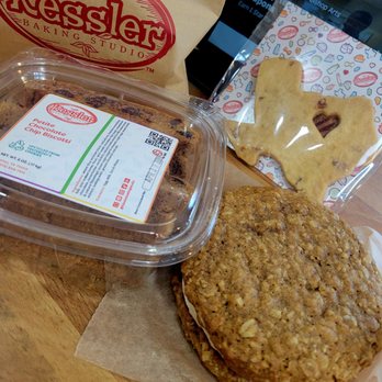 Kessler Baking Studio - Signature Texas Pecan Shortbread Cookie  The Miss Debra (Oatmeal Cream Pie) Petite Chocolate Chip Biscotti - Desserts Near Me - Dallas, Texas