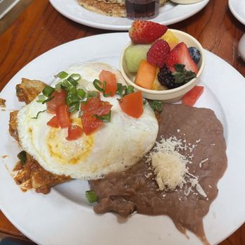 Alana's Cafe - Chilaquiles Special of the day with Chorizo and Fresh Fruit - Breakfast & Brunch Near Me - Burlingame, California
