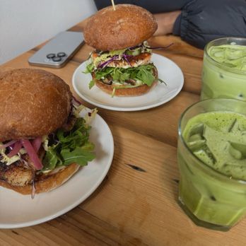Three Hearts - Blackened chicken sandwich and Salmon burger with iced matcha lattes - Bakeries Near Me - Tacoma, Washington