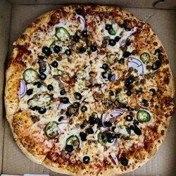 La Porchetta Kitchen - New York Pizza: ground beef, black olives, onions, jalapeños