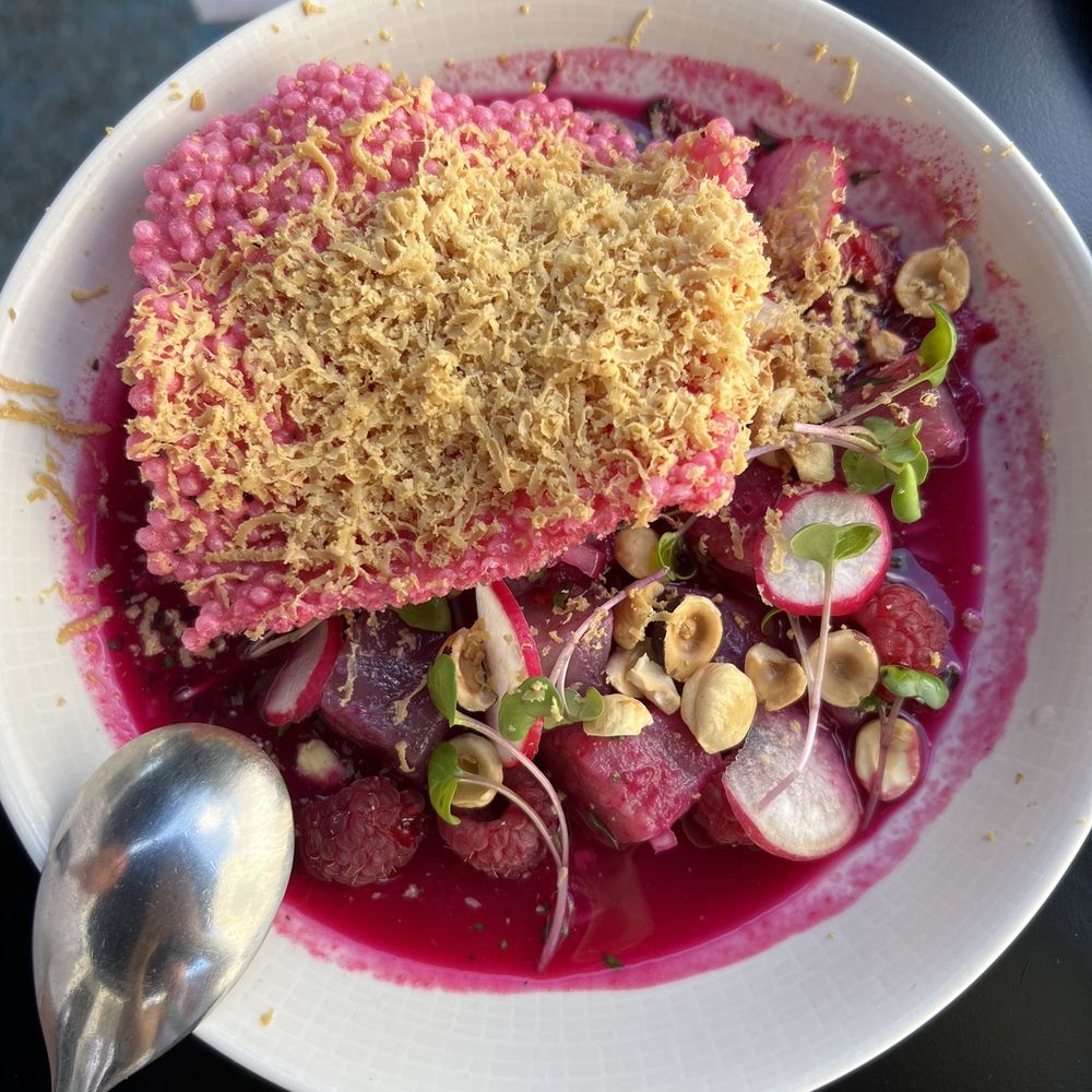 Tuna and foie gras ceviche with raspberry and lychee topped with hazelnuts Tuna and foie gras ceviche with raspberry and lychee topped with hazelnuts