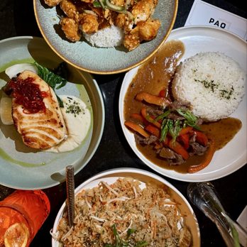 PAO Detroit - General Pao's Chicken Sea bass Vegetable Fried Rice with Chicken Beef stirfry - Asian Fusion Near Me - Detroit, Michigan PAO Detroit - General Pao's Chicken Sea bass Vegetable Fried Rice with Chicken Beef stirfry - Asian Fusion Near Me - Detroit, Michigan