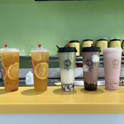 Uni Uni Bubble Tea - Uni Fruit Combo Jasmine Green Tea, Matcha Latte with Honey Red Bean, honey red bean smoothie, & Large Strawberry Yogurt Slush