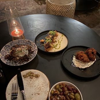 Gypsy Kitchen DC - left to right: mushroom toast, crispy cauliflower, aleppo fried chicken, olives - Tapas/Small Plates Near Me - Washington, DC, District of Columbia Gypsy Kitchen DC - left to right: mushroom toast, crispy cauliflower, aleppo fried chicken, olives - Tapas/Small Plates Near Me - Washington, DC, District of Columbia
