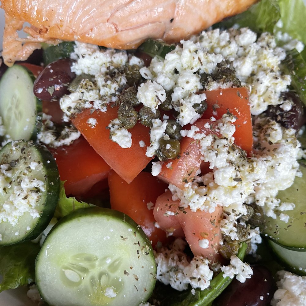 Vasili's Kitchen - Salmon Greek Salad - Mediterranean Near Me - Gaithersburg, Maryland Vasili's Kitchen - Salmon Greek Salad - Mediterranean Near Me - Gaithersburg, Maryland