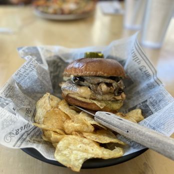 Placerville Public House - Mushroom Swiss sandwich served with potato chips. - Beer Bar Near Me - Placerville, California