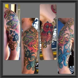 Chacmool Studio - Neo-Traditional half sleeve, original drawings and tattoo done by Lalo