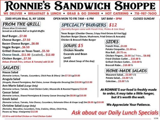 Menu photo 1 Ronnie's Sandwich Shoppe Staten Island, NY Menu photo 1 Ronnie's Sandwich Shoppe Staten Island, NY