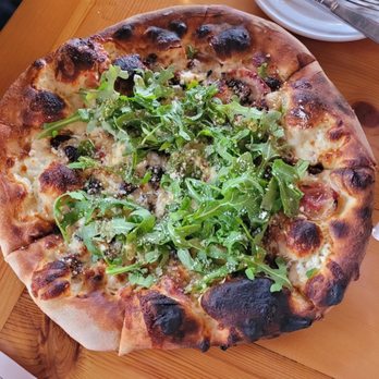 Hairy Cow Brewing Company - This is a fig, goat cheese pizza. Delicious - Brewpubs Near Me - Byron, Illinois
