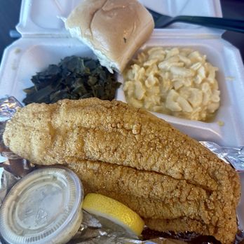 The Food Peddler - Fish dinner with braised greens, Mac-n-cheese, and yeast roll. - Soul Food Near Me - New Albany, Indiana
