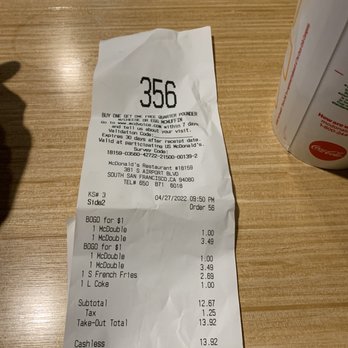 McDonald's - Receipt - Burgers Near Me - South San Francisco, California McDonald's - Receipt - Burgers Near Me - South San Francisco, California