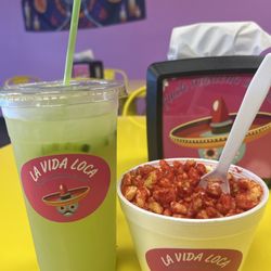 La Vida Loca - Agua Fresca de limón con pepino and esquite mix de hot cheetos.
